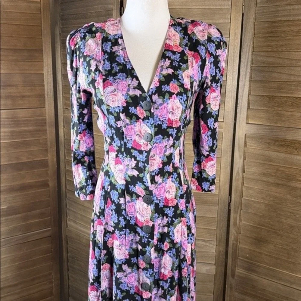 Jonathan Martin Vintage 90s Floral Button Front Maxi‎ Dress Black Pink Size 5/6
